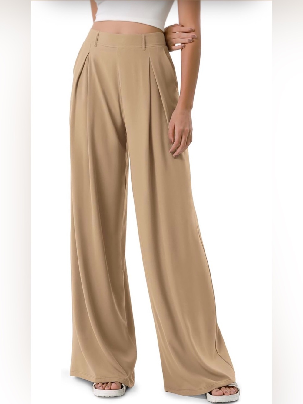 Amazon Women's High-Rise Wide Leg Pleated Pants- Beige